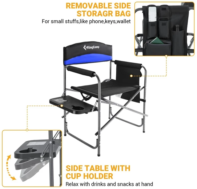 Alt view image 6 of 7 - Directors Chair, Heavy Duty 400lbs Camping Chair for Adults, Blue | Folding Chair with Side Table & Pocket, Cup Holder, Padded Seat & Armrests, for Outdoor Fishing Patio Sport