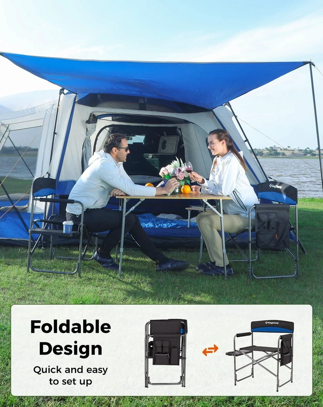 Alt view image 7 of 7 - Directors Chair, Heavy Duty 400lbs Camping Chair for Adults, Blue | Folding Chair with Side Table & Pocket, Cup Holder, Padded Seat & Armrests, for Outdoor Fishing Patio Sport