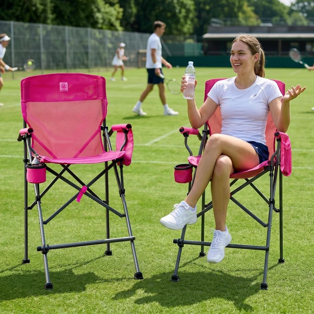 Alt view image 2 of 7 - Tall Directors Chair 31" Foldable Camping Mesh Pink | Portable Camp Chair Sports with Cup Holder Mesh Pockets and Footrest, Heavy Duty