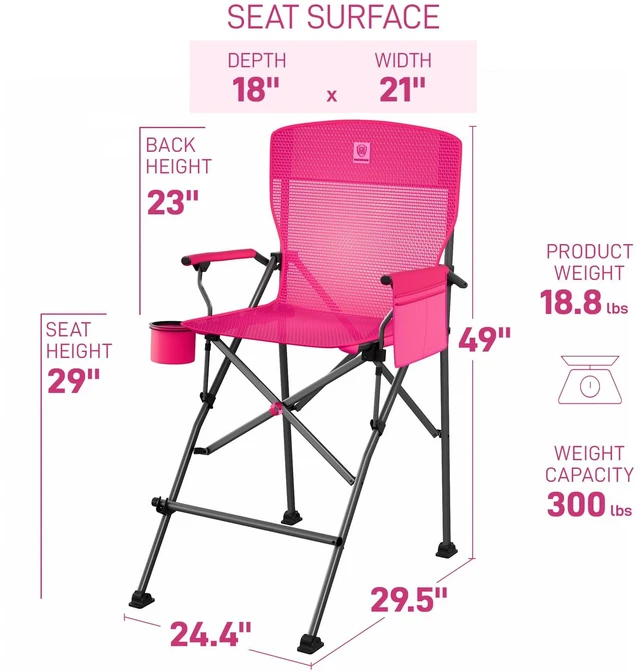 Alt view image 3 of 7 - Tall Directors Chair 31" Foldable Camping Mesh Pink | Portable Camp Chair Sports with Cup Holder Mesh Pockets and Footrest, Heavy Duty