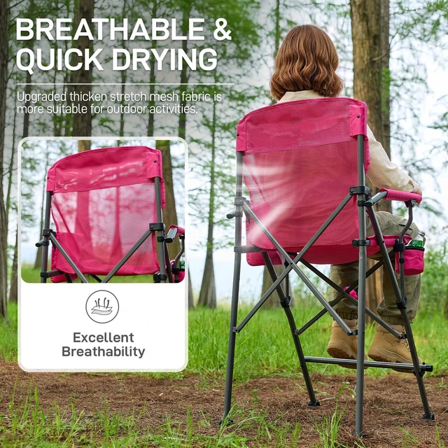 Alt view image 5 of 7 - Tall Directors Chair 31" Foldable Camping Mesh Pink | Portable Camp Chair Sports with Cup Holder Mesh Pockets and Footrest, Heavy Duty