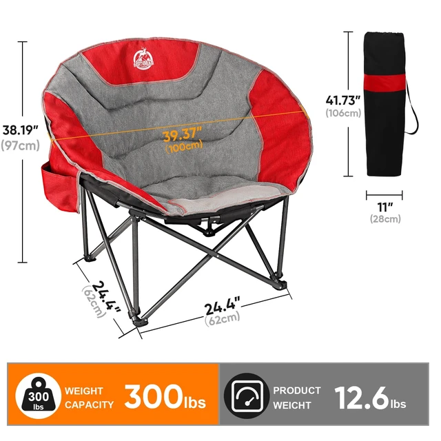 Alt view image 2 of 7 - XXL Camping Moon Chair,Oversized Round Chair,Folding Padded Saucer w/Side Pocket,500lbs Capacity for Outdoor Hiking Fishing Picnic Lawn,Red&Grey