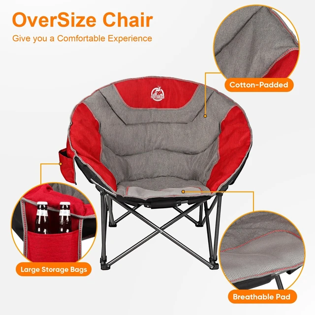 Alt view image 3 of 7 - XXL Camping Moon Chair,Oversized Round Chair,Folding Padded Saucer w/Side Pocket,500lbs Capacity for Outdoor Hiking Fishing Picnic Lawn,Red&Grey