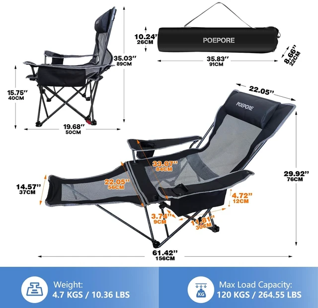 Alt view image 2 of 7 - Reclining Camping Chair 4 Position with Foot Rest Comfortable for Adults 265Ibs Folding Lounger Mesh Beach Chair with Cooler Bag and Cup Holder for Outdoor Patio