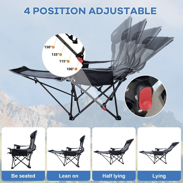 Alt view image 4 of 7 - Reclining Camping Chair 4 Position with Foot Rest Comfortable for Adults 265Ibs Folding Lounger Mesh Beach Chair with Cooler Bag and Cup Holder for Outdoor Patio