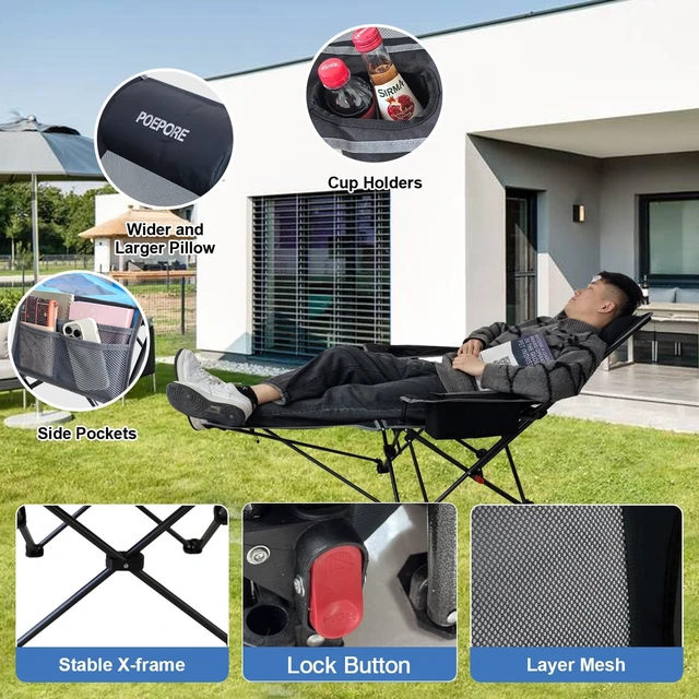 Alt view image 5 of 7 - Reclining Camping Chair 4 Position with Foot Rest Comfortable for Adults 265Ibs Folding Lounger Mesh Beach Chair with Cooler Bag and Cup Holder for Outdoor Patio