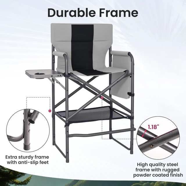 Alt view image 2 of 7 - Tall Directors Chair 30" Seat Height, Bar Height Folding Chair with Side Table, Foldable Camping Chair with Side Pocket for Makeup Artist, Sports Event, Supports 400LBS - Black