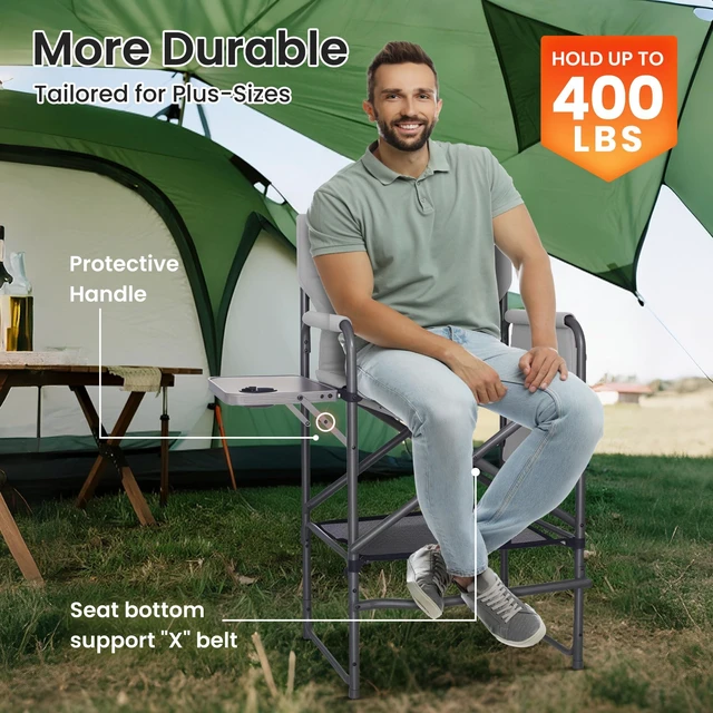 Alt view image 3 of 7 - Tall Directors Chair 30" Seat Height, Bar Height Folding Chair with Side Table, Foldable Camping Chair with Side Pocket for Makeup Artist, Sports Event, Supports 400LBS - Black