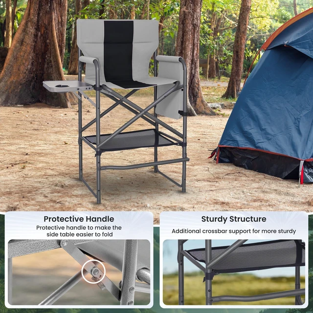 Alt view image 5 of 7 - Tall Directors Chair 30" Seat Height, Bar Height Folding Chair with Side Table, Foldable Camping Chair with Side Pocket for Makeup Artist, Sports Event, Supports 400LBS - Black