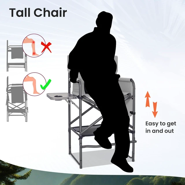 Alt view image 6 of 7 - Tall Directors Chair 30" Seat Height, Bar Height Folding Chair with Side Table, Foldable Camping Chair with Side Pocket for Makeup Artist, Sports Event, Supports 400LBS - Black