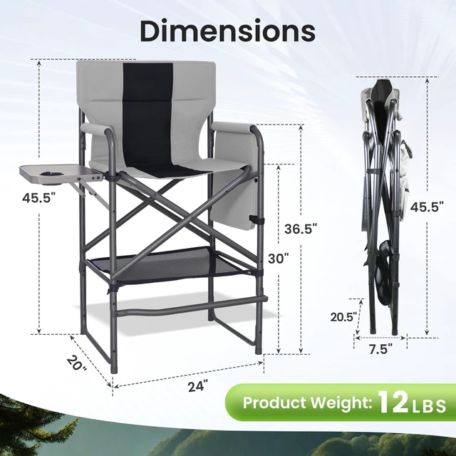 Alt view image 7 of 7 - Tall Directors Chair 30" Seat Height, Bar Height Folding Chair with Side Table, Foldable Camping Chair with Side Pocket for Makeup Artist, Sports Event, Supports 400LBS - Black