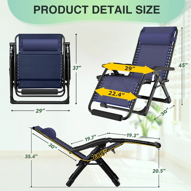 Alt view image 2 of 5 - Oversized Zero Gravity Chair, 500LBS 29In XL Outdoor Recliner Chairs | w/Removable Cushion&Headrest, Camping Lounge Chair w/ Upgraded Lock&Footrest, Reclining Patio Chairs for Indoor Outdoor