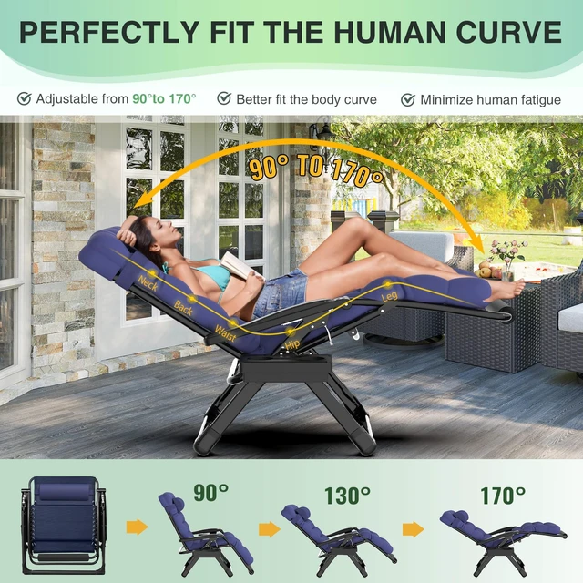 Alt view image 4 of 5 - Oversized Zero Gravity Chair, 500LBS 29In XL Outdoor Recliner Chairs | w/Removable Cushion&Headrest, Camping Lounge Chair w/ Upgraded Lock&Footrest, Reclining Patio Chairs for Indoor Outdoor