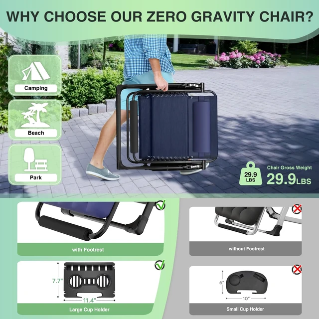 Alt view image 5 of 5 - Oversized Zero Gravity Chair, 500LBS 29In XL Outdoor Recliner Chairs | w/Removable Cushion&Headrest, Camping Lounge Chair w/ Upgraded Lock&Footrest, Reclining Patio Chairs for Indoor Outdoor