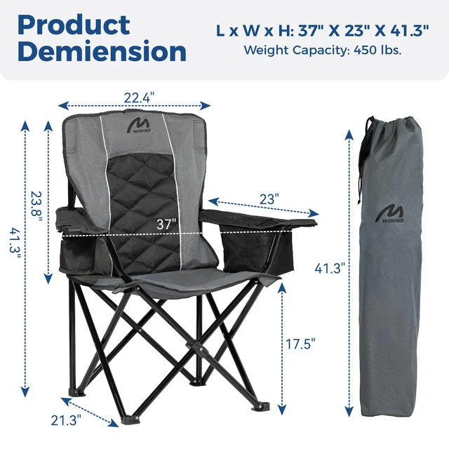 Alt view image 2 of 7 - Oversized Padded Camping Chair, 450 lbs Capacity, Black | Diamond-Quilted Styling, Heavy Duty Steel Frame, Cup Holder with 6-Can Cooler, Carry Bag for Outdoor Camping, Beach, Hiking