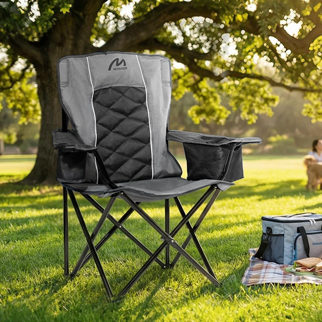 Alt view image 3 of 7 - Oversized Padded Camping Chair, 450 lbs Capacity, Black | Diamond-Quilted Styling, Heavy Duty Steel Frame, Cup Holder with 6-Can Cooler, Carry Bag for Outdoor Camping, Beach, Hiking