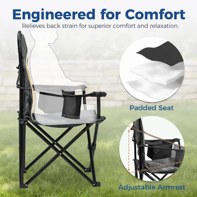 Alt view image 4 of 7 - Oversized Padded Camping Chair, 450 lbs Capacity, Black | Diamond-Quilted Styling, Heavy Duty Steel Frame, Cup Holder with 6-Can Cooler, Carry Bag for Outdoor Camping, Beach, Hiking