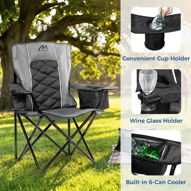 Alt view image 5 of 7 - Oversized Padded Camping Chair, 450 lbs Capacity, Black | Diamond-Quilted Styling, Heavy Duty Steel Frame, Cup Holder with 6-Can Cooler, Carry Bag for Outdoor Camping, Beach, Hiking