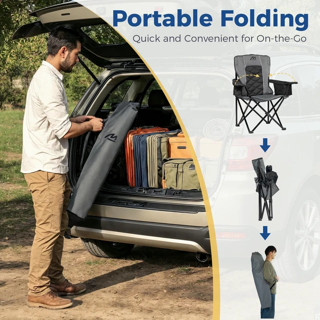 Alt view image 6 of 7 - Oversized Padded Camping Chair, 450 lbs Capacity, Black | Diamond-Quilted Styling, Heavy Duty Steel Frame, Cup Holder with 6-Can Cooler, Carry Bag for Outdoor Camping, Beach, Hiking