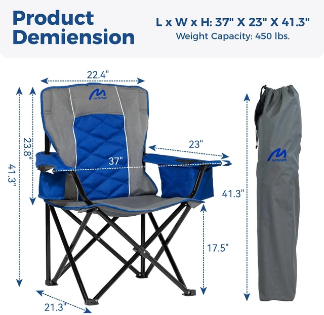 Alt view image 2 of 7 - Oversized Padded Camping Chair, 450 lbs Capacity, Sapphire Blue | Diamond-Quilted Styling, Heavy Duty Steel Frame, Cup Holder with 6-Can Cooler, Carry Bag for Outdoor Camping, Beach, Hiking
