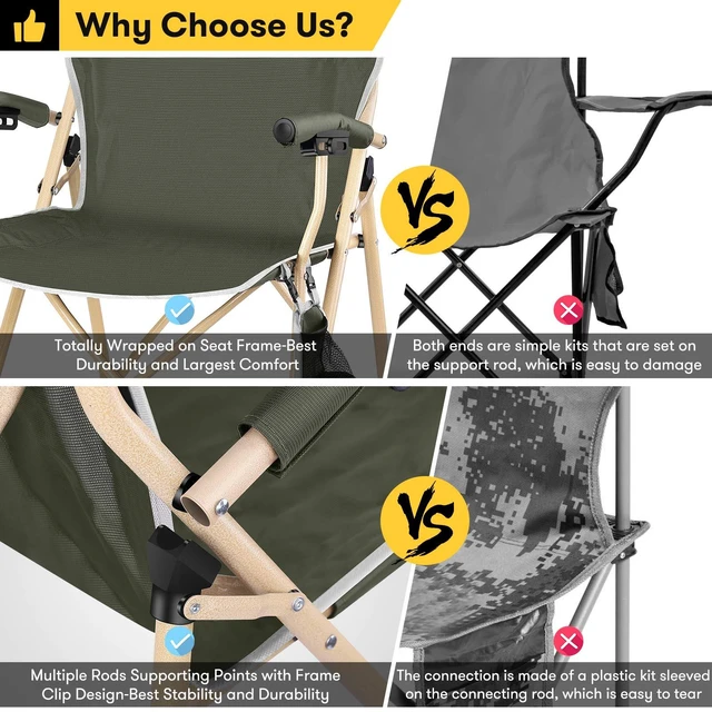 Alt view image 4 of 7 - Folding Camping Chairs Oversized Heavy Duty Padded 400 LBS Beach Chair Portable Outdoor Lawn Chairs with Storage Bag and Carry Bag for Sporting Hiking Picnics Fishing Army Green