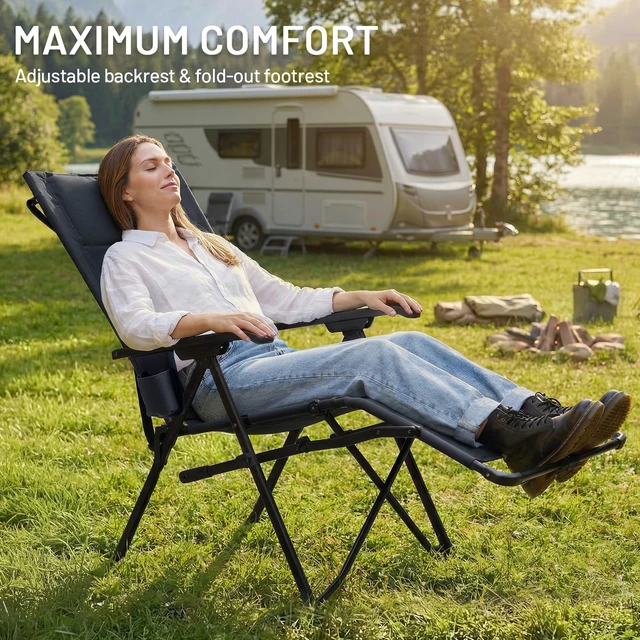 Alt view image 2 of 7 - Folding Camping Chair, 4-Position Backrest with Footrest | Padded Reclining Design, Cup Holder, 330 lbs. Capacity, Easy-Fold Portable Design for Camping, Patio, RV & Outdoor Relaxation