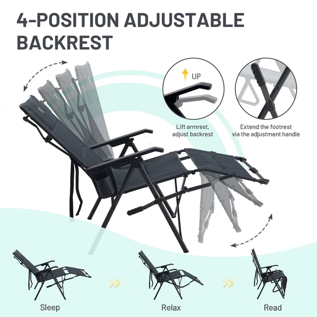 Alt view image 4 of 7 - Folding Camping Chair, 4-Position Backrest with Footrest | Padded Reclining Design, Cup Holder, 330 lbs. Capacity, Easy-Fold Portable Design for Camping, Patio, RV & Outdoor Relaxation