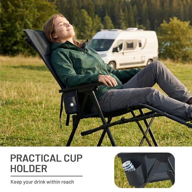 Alt view image 7 of 7 - Folding Camping Chair, 4-Position Backrest with Footrest | Padded Reclining Design, Cup Holder, 330 lbs. Capacity, Easy-Fold Portable Design for Camping, Patio, RV & Outdoor Relaxation