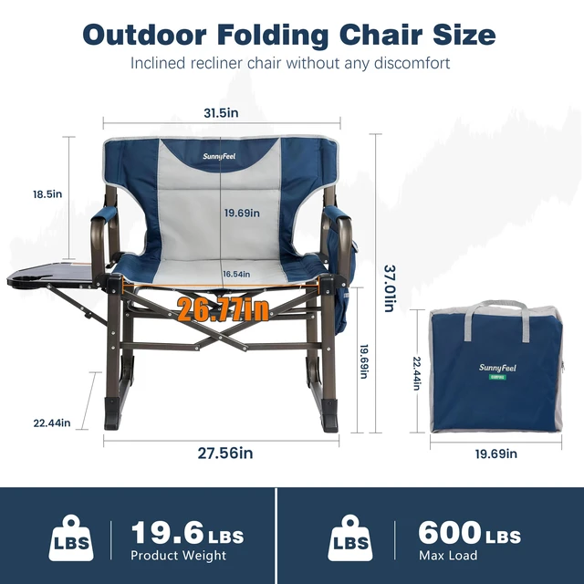 Alt view image 2 of 7 - Oversized Camping Directors Chair for Adults with Side Table | Heavy Duty Folding Chairs Padded Oxford Fabric Support 600lbs with Side Pocket & Carry Bag for Camping, Fishing, Lawn, Blue