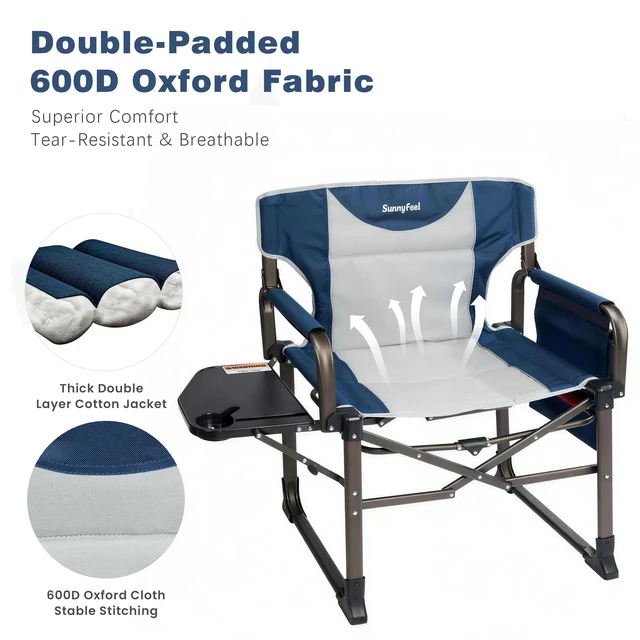 Alt view image 3 of 7 - Oversized Camping Directors Chair for Adults with Side Table | Heavy Duty Folding Chairs Padded Oxford Fabric Support 600lbs with Side Pocket & Carry Bag for Camping, Fishing, Lawn, Blue