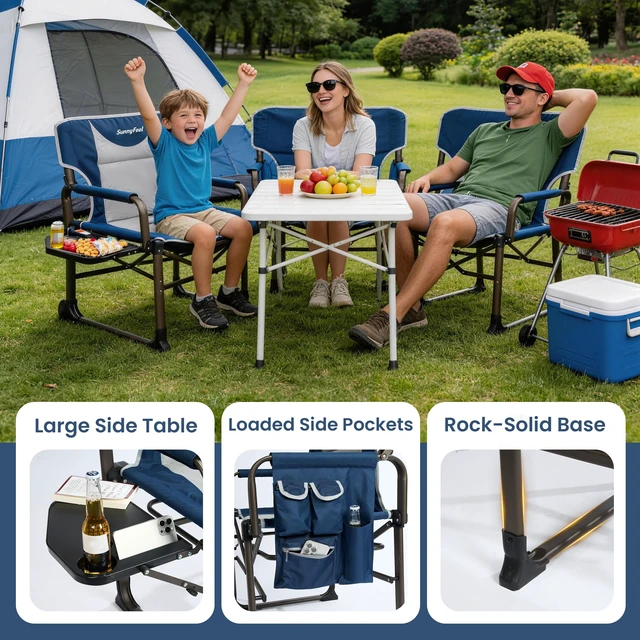 Alt view image 4 of 7 - Oversized Camping Directors Chair for Adults with Side Table | Heavy Duty Folding Chairs Padded Oxford Fabric Support 600lbs with Side Pocket & Carry Bag for Camping, Fishing, Lawn, Blue