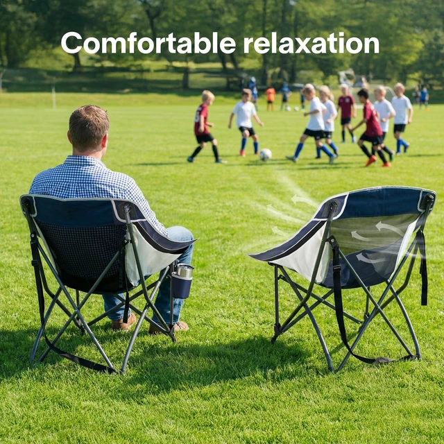 Alt view image 4 of 6 - Folding Camping Chair with Breathable Mesh, Portable Outdoor Chair for Adults, Heavy Duty Steel Frame Supports 250 lbs, Built-in Cup Holder, Carry Strap for Camping Beach Sports Tailgating