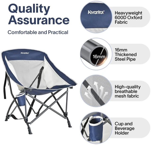 Alt view image 3 of 6 - Folding Camping Chair with Breathable Mesh, Portable Outdoor Chair for Adults, Heavy Duty Steel Frame Supports 250 lbs, Built-in Cup Holder, Carry Strap for Camping Beach Sports Tailgating