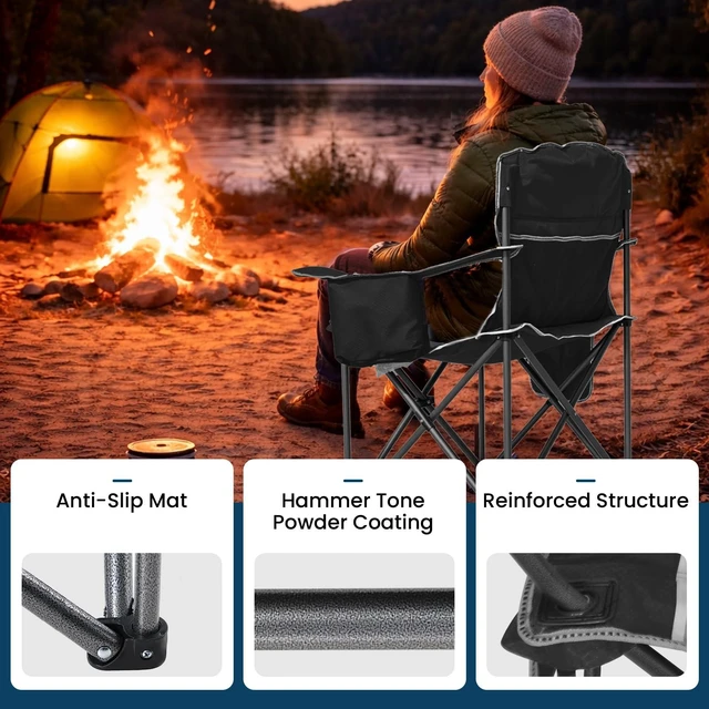 Alt view image 3 of 7 - Oversized Camping Chair 500lbs Capacity for Big and Tall, 2 Pack Extra Wide Padded Folding Chair for Heavy People, Heavy Duty Portable Outside Chair with Cooler Bag & Cup Holder, Black