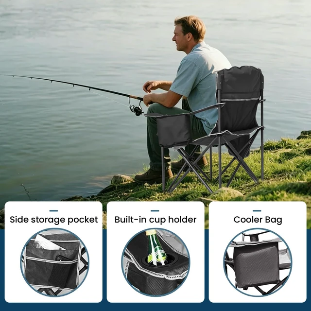 Alt view image 4 of 7 - Oversized Camping Chair 500lbs Capacity for Big and Tall, 2 Pack Extra Wide Padded Folding Chair for Heavy People, Heavy Duty Portable Outside Chair with Cooler Bag & Cup Holder, Black
