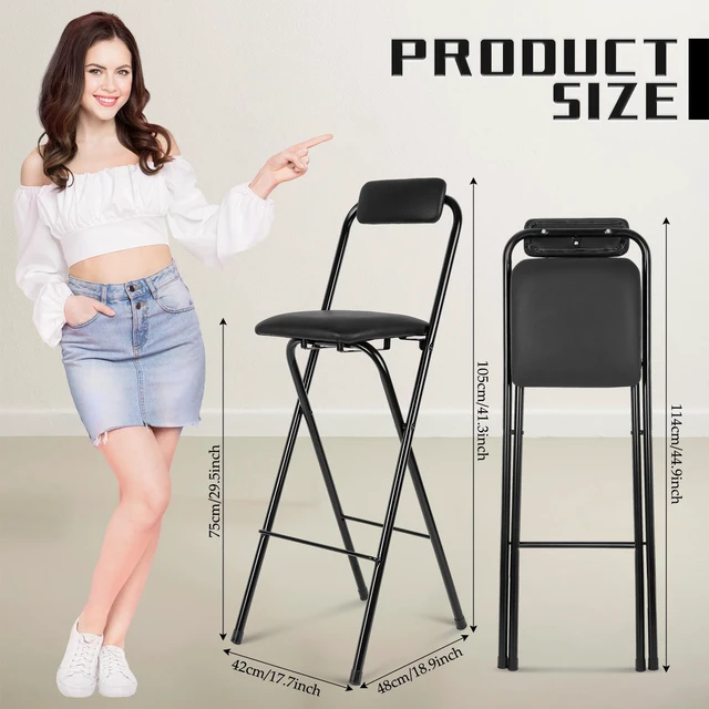 Alt view image 2 of 7 - 1 Pcs Folding Bar Stool with Back, Padded Seat, 29.5 Inch Counter Height | Foldable Stool with Footrest & Backrest, Leather Padded & Metal Frame, Portable Space-saving for Kitchen Islands, High Tables