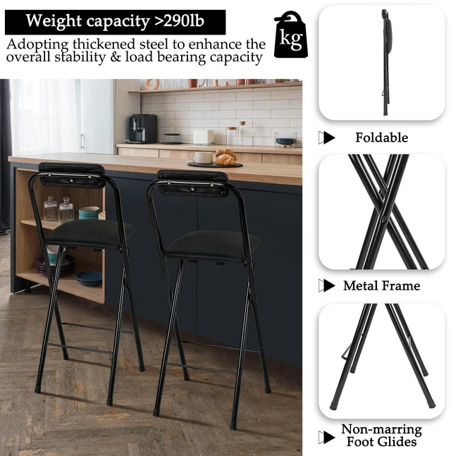 Alt view image 4 of 7 - 1 Pcs Folding Bar Stool with Back, Padded Seat, 29.5 Inch Counter Height | Foldable Stool with Footrest & Backrest, Leather Padded & Metal Frame, Portable Space-saving for Kitchen Islands, High Tables