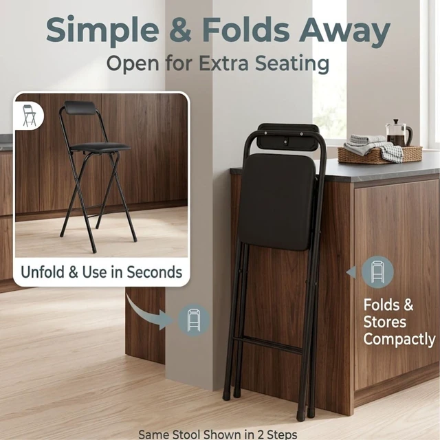 Alt view image 5 of 7 - 1 Pcs Folding Bar Stool with Back, Padded Seat, 29.5 Inch Counter Height | Foldable Stool with Footrest & Backrest, Leather Padded & Metal Frame, Portable Space-saving for Kitchen Islands, High Tables