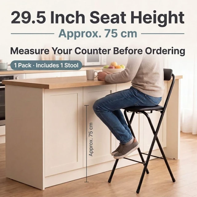 Alt view image 6 of 7 - 1 Pcs Folding Bar Stool with Back, Padded Seat, 29.5 Inch Counter Height | Foldable Stool with Footrest & Backrest, Leather Padded & Metal Frame, Portable Space-saving for Kitchen Islands, High Tables