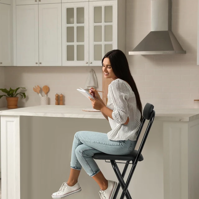 Alt view image 7 of 7 - 1 Pcs Folding Bar Stool with Back, Padded Seat, 29.5 Inch Counter Height | Foldable Stool with Footrest & Backrest, Leather Padded & Metal Frame, Portable Space-saving for Kitchen Islands, High Tables
