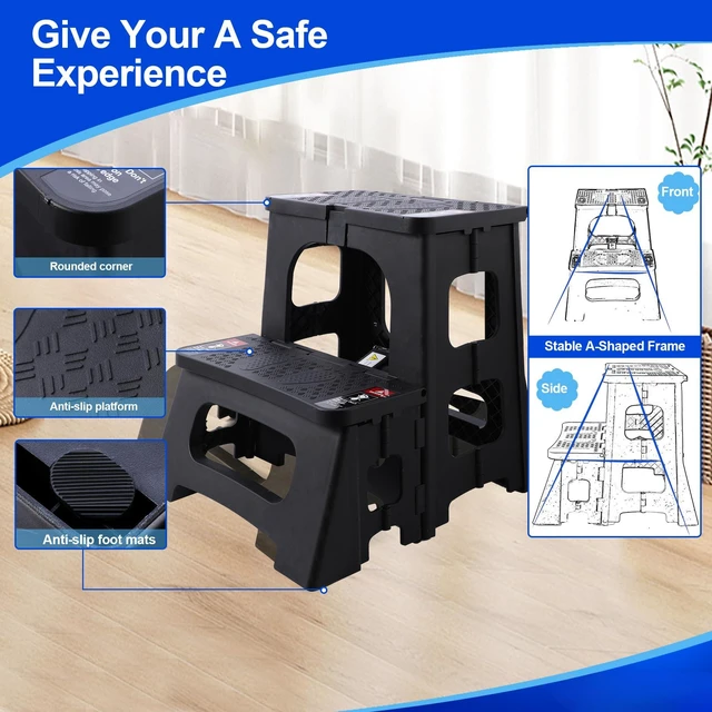 Alt view image 2 of 6 - Folding Step Stool, 2-Step 8" 17", Non-Slip, 300lb Capacity | No Assembly, Stable A-Frame, Safety Lock, Anti-Slip Rubber Feet, Collapsible Stool for Kitchen Bathroom Bed RV Offic Garden