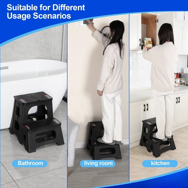 Alt view image 4 of 6 - Folding Step Stool, 2-Step 8" 17", Non-Slip, 300lb Capacity | No Assembly, Stable A-Frame, Safety Lock, Anti-Slip Rubber Feet, Collapsible Stool for Kitchen Bathroom Bed RV Offic Garden