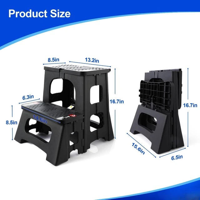 Alt view image 5 of 6 - Folding Step Stool, 2-Step 8" 17", Non-Slip, 300lb Capacity | No Assembly, Stable A-Frame, Safety Lock, Anti-Slip Rubber Feet, Collapsible Stool for Kitchen Bathroom Bed RV Offic Garden