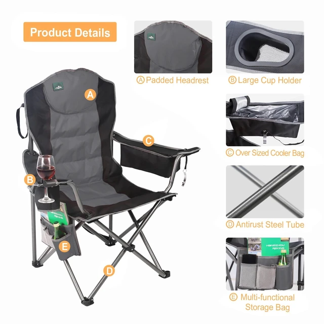 Alt view image 3 of 5 - Oversized Camping Chair, Full Padded Outdoor Folding Chair Support 350 LBS, Heavy Duty Lawn Chair w/Cup Holder, Cooler Bag, Shoulder Straps for Adult-Black