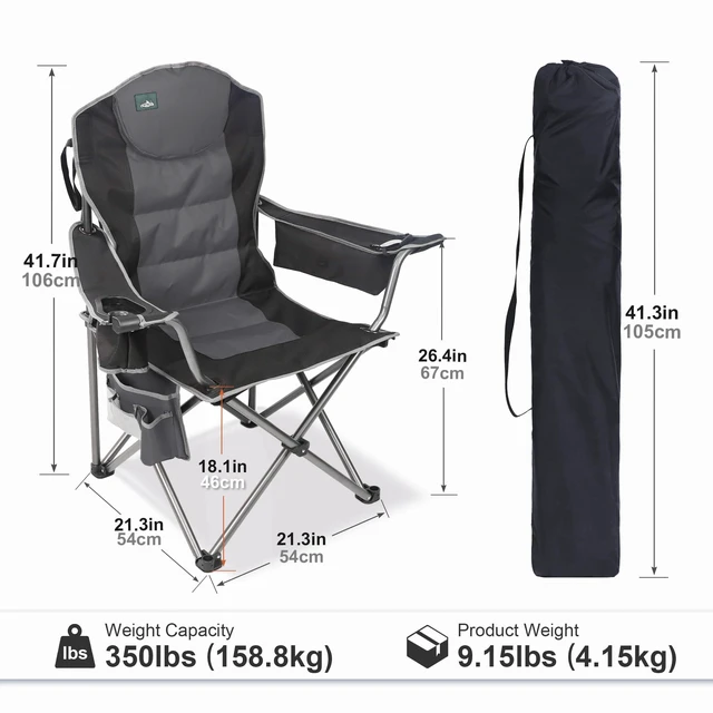 Alt view image 2 of 5 - Oversized Camping Chair, Full Padded Outdoor Folding Chair Support 350 LBS, Heavy Duty Lawn Chair w/Cup Holder, Cooler Bag, Shoulder Straps for Adult-Black