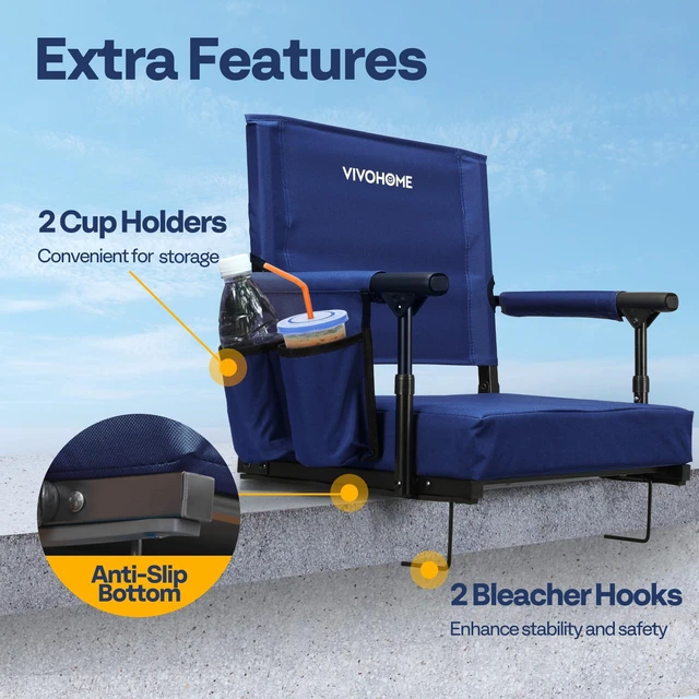 Alt view image 3 of 7 - Stadium Seats with Back Support, Bleacher Chair for Sports Events | Foldable, Easy To Carry, Adjustable Length Shoulder Strap, Two Cup Holders, Armrest, Anti-slip Bottom, Weight Capacity 350 Lb