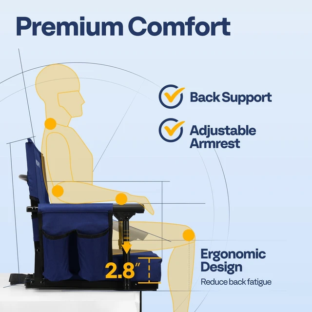 Alt view image 6 of 7 - Stadium Seats with Back Support, Bleacher Chair for Sports Events | Foldable, Easy To Carry, Adjustable Length Shoulder Strap, Two Cup Holders, Armrest, Anti-slip Bottom, Weight Capacity 350 Lb