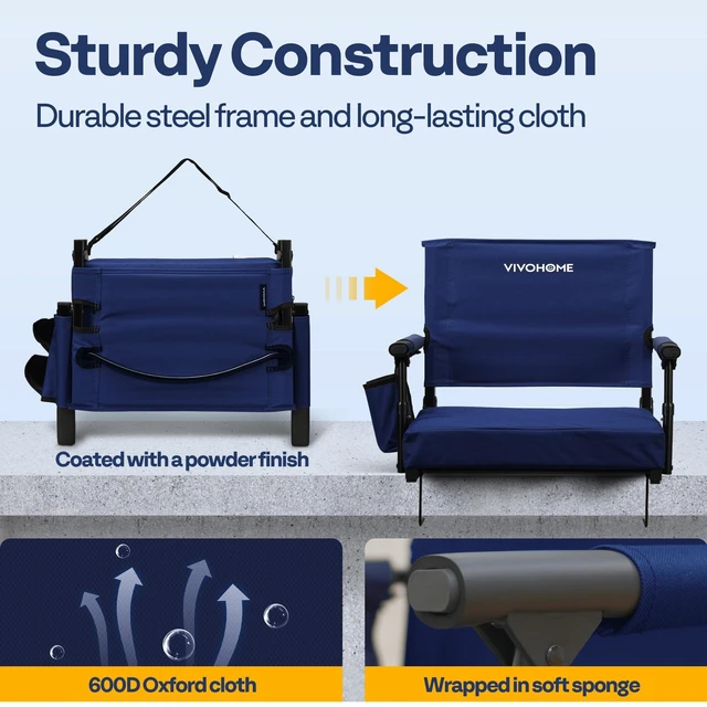 Alt view image 4 of 7 - Stadium Seats with Back Support, Bleacher Chair for Sports Events | Foldable, Easy To Carry, Adjustable Length Shoulder Strap, Two Cup Holders, Armrest, Anti-slip Bottom, Weight Capacity 350 Lb