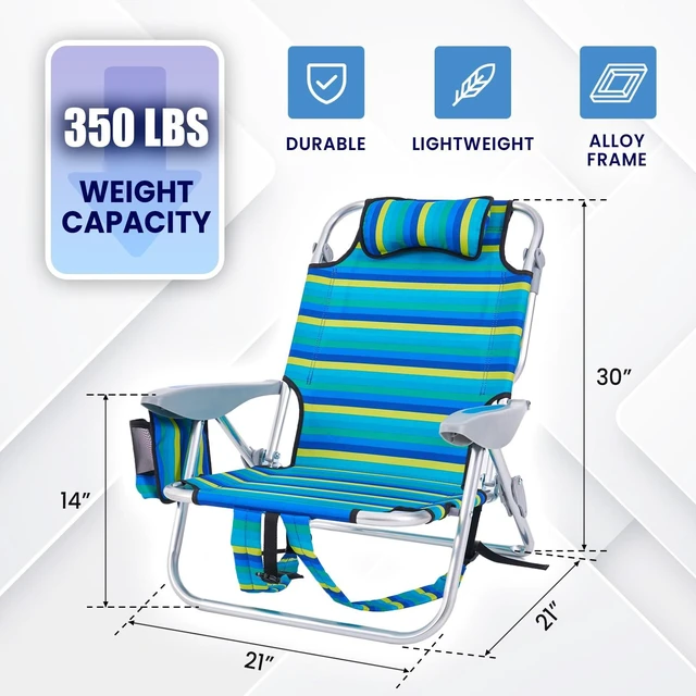 Alt view image 2 of 4 - 2 Pack Lightweight Portable Camping Beach Chair for Adults, Outdoor Lay Flat Folding Beach Chairs with 5 Positions, Backpack Beach Chair with Towel Bar, Zipper Pouch, Cup Holder, NEW Striped