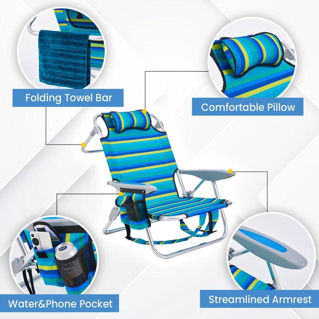 Alt view image 4 of 4 - 2 Pack Lightweight Portable Camping Beach Chair for Adults, Outdoor Lay Flat Folding Beach Chairs with 5 Positions, Backpack Beach Chair with Towel Bar, Zipper Pouch, Cup Holder, NEW Striped